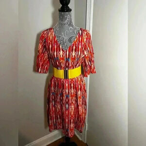 NWT Caribbean Joe Multicolor Rayon Dress Cold Shoulder. V Neck. Sz: M.